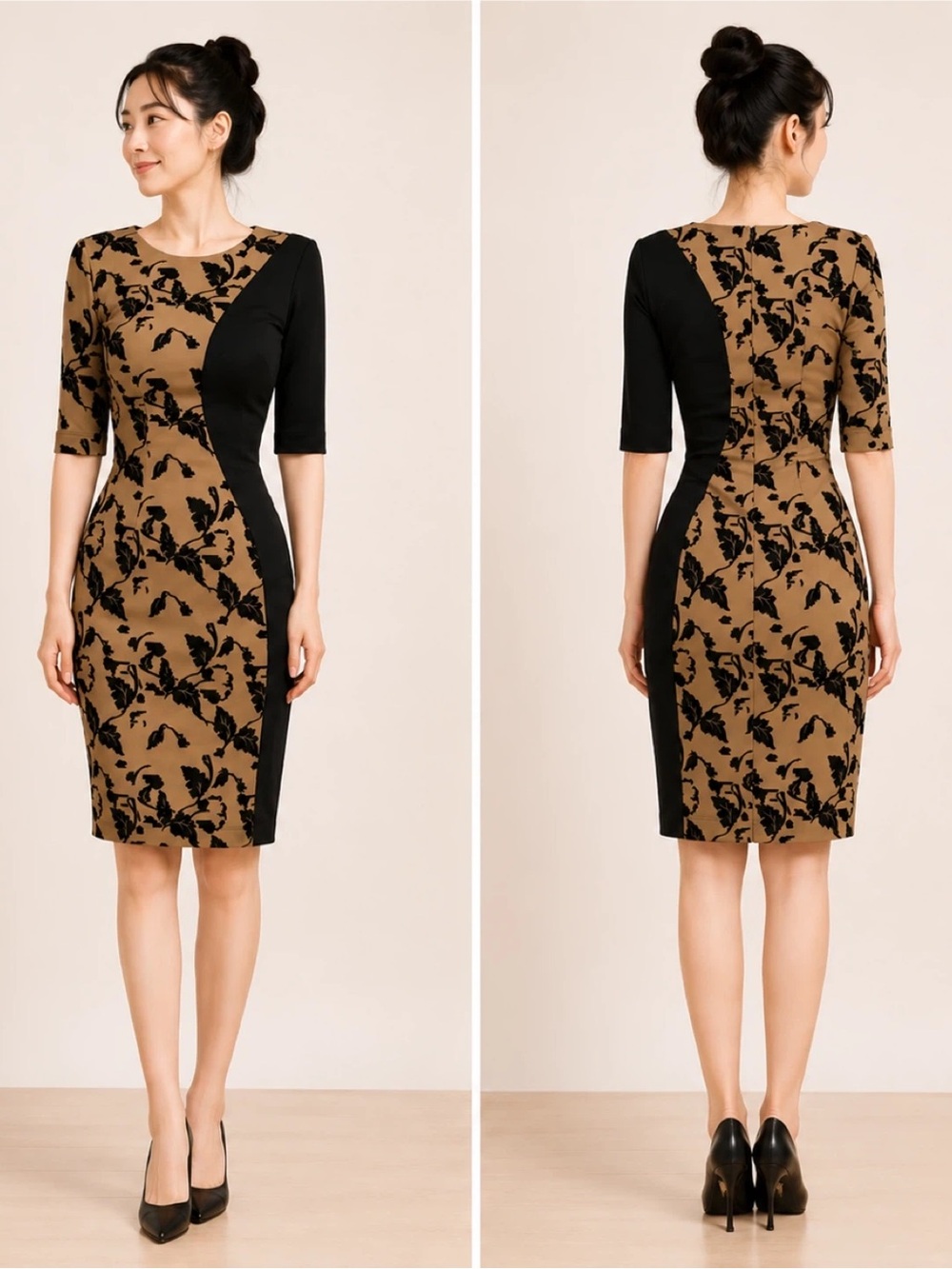 FRENCH CONNECTION Vine Bloom Flock Stretch Knit Dress Black Flock Camel